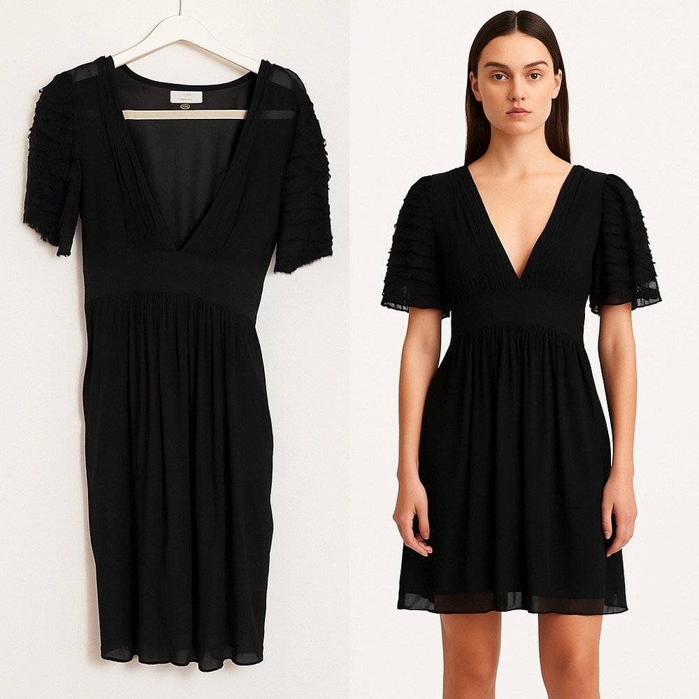 Temperley London Black Sheer Ruffle Sleeve V Neck Sheath Silk Sheer Dress US4